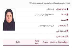 قرار گرفتن خانم دکتر فریبا خداقلی در فهرست پژوهشگران پراستناد برتر نظام رتبه‌بندی جهانی ESI